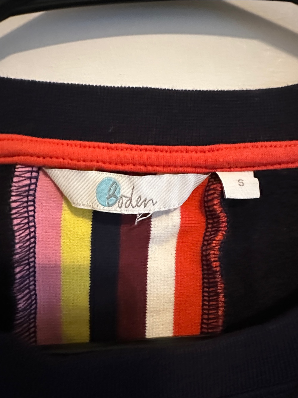 Boden Navy Crewneck Sweatshirt with Multicolor Stripe Trim - Picture 2 of 3